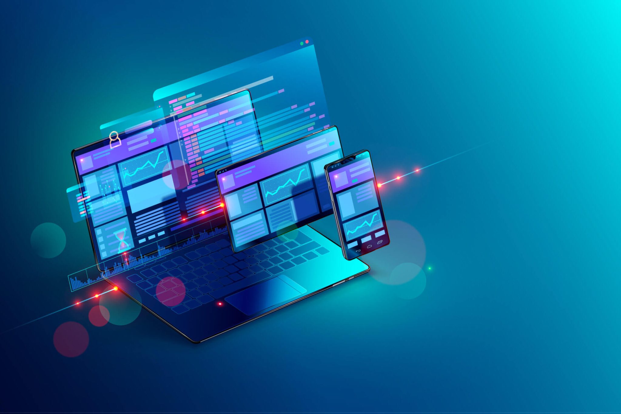 A laptop screen and keyboard, desktop computer screen, tablet screen, and phone screen, all in purple and blue on a blue-green background. This represents our expertise in networking software systems and custom software integration.