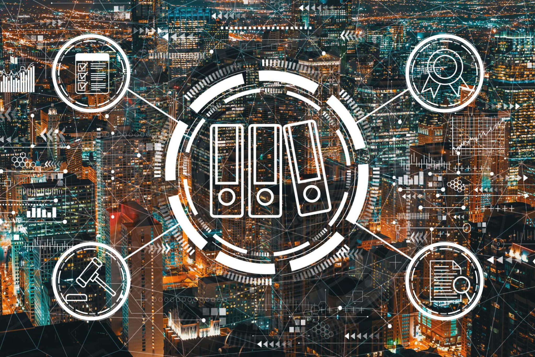 White technology illustration with five circles depicting business compliance. A bigger circle is in the center, and four smaller circles with lines leading from the center are in each of the four corners. The center circle contains three book graphics. The other circles contain a check list, award ribbon, gavel and sound block, and a magnifying glass over a lined page. The white graphic is on a brown, blue, white, and black illustration of the Chicago skyline at night. The represents our expertise in networking software systems and software integration support.
